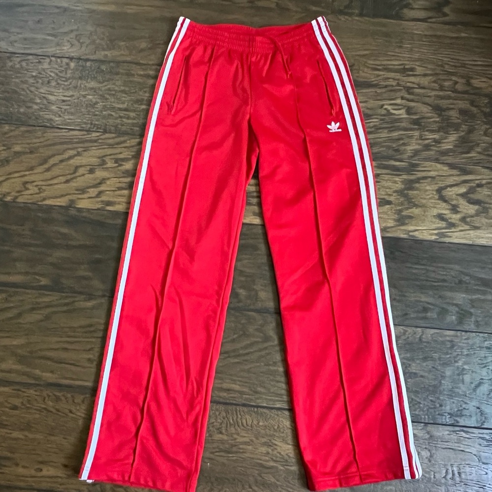 Adidas Firebird Red and White pin-tuck trackpants with Iconic Stripes